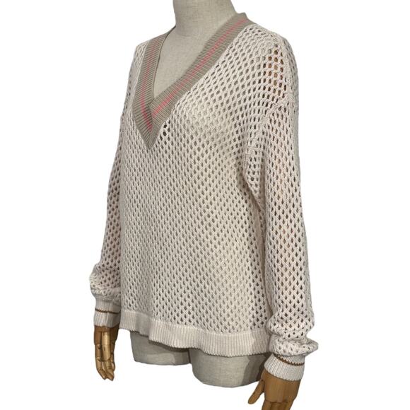 Lisa Todd Women's Size S Open Knit V-Neck Varsity Sweater Cream Beige Pullover - Picture 3 of 8